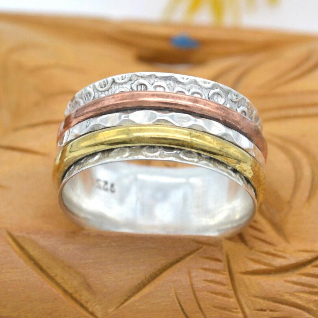 Handgefertigter Ring aus massivem 925er Sterlingsilber, dreifarbiger Spinnerband-Ring