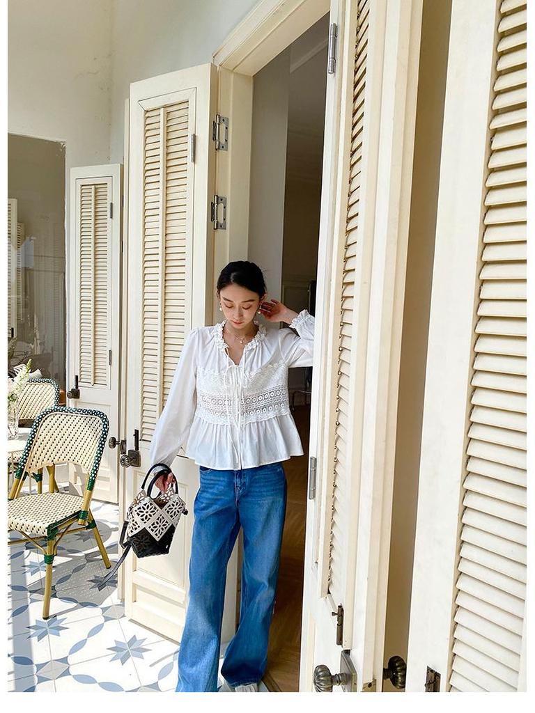 Damenbluse im europäischen Stil mit französischer Stickerei, langen Ärmeln und in Weiß