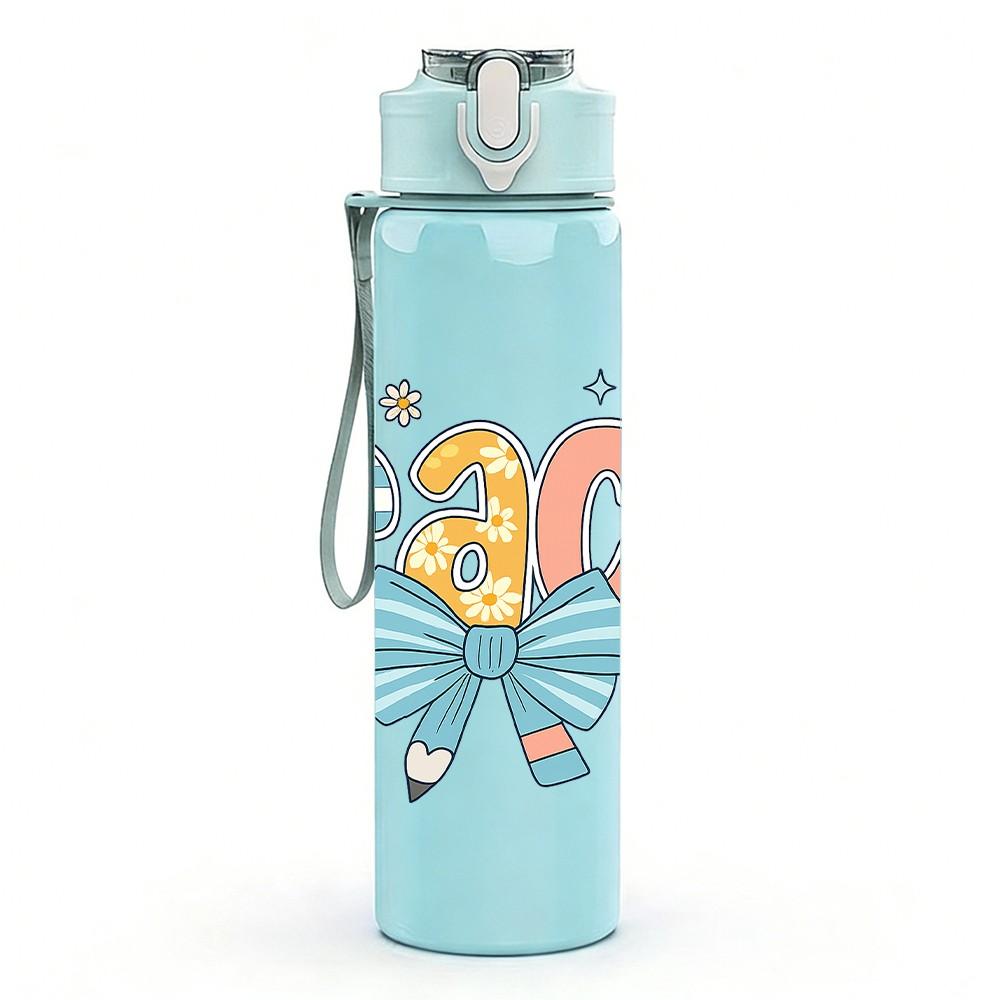 1PC Teach Bow Letter Design 750ml Color Plastic Sports Water Bottle Leakproof Flip Straw Lid Suitable for Sports Office Home Use