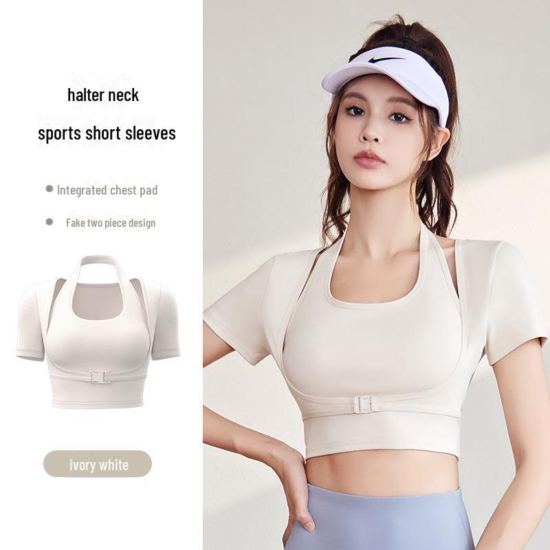 

Костюм для йоги с вырезом-халтер персикового цвета: Короткий рукав с накладкой на грудь XXL