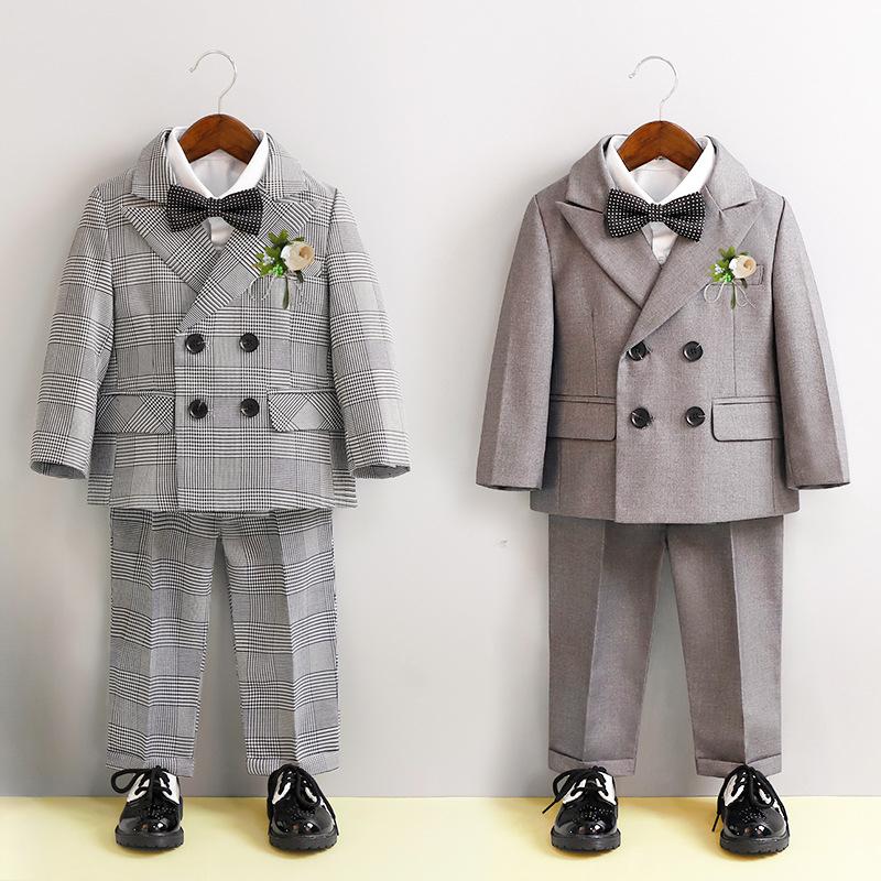Boys Business Suit Spring Summer 2024 British Plaid Flower Child Wedding Outfits Gray Handsome Kids School Uniform Blazer Set