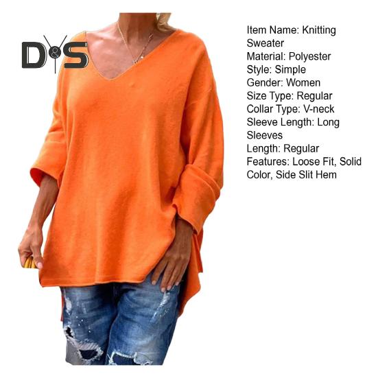 Women Knitting Sweater V-Neck Long Sleeve Solid Color Pullover Sweater Side Slit Hem Loose Fit Casual Street Style Sweater