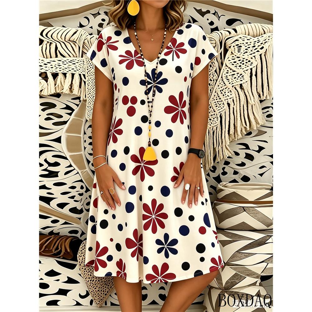 Short Sleeved V-Neck Summer Women's Dress New Casual Flower Polka Dot Print Loose Dresses