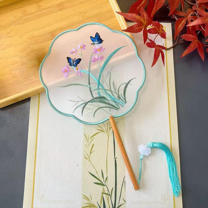 Vintage Doppelseitiger Fächer Blume Stickerei Handfächer Traditionelle Chinesische Kunst Handwerk Hanfu Tanzparty Zubehör Performance Requisiten