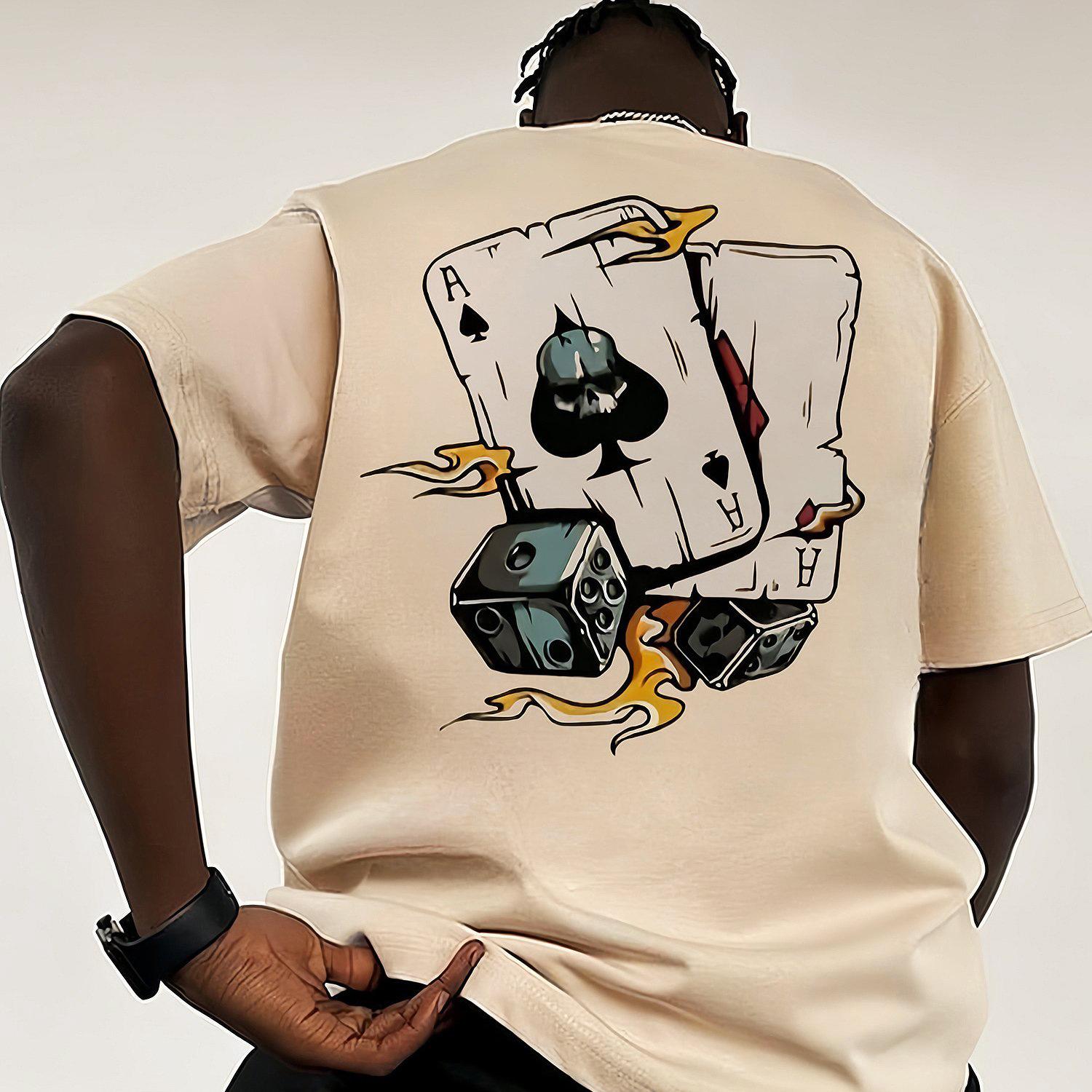 Men S Summer Cotton Fashion Casual Loose Spade And Dice Print Crew Neck Short Sleeve T-Shirt Top XS