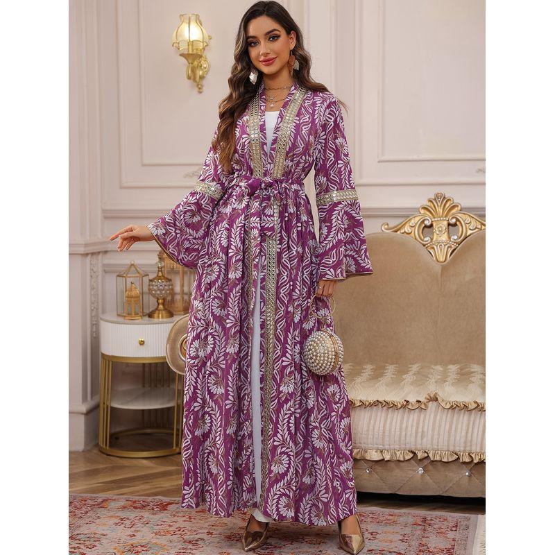 2025 Embroidered Bell Sleeve Base Skirt Cardigan Belt Middle East Dubai Robe Arab Dress Dress