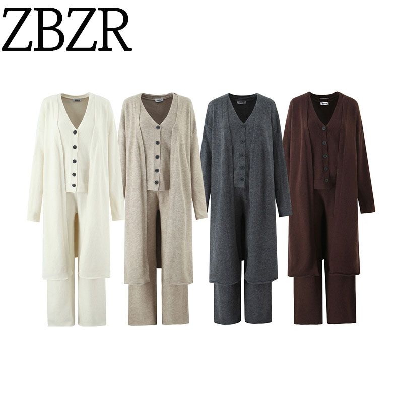 Za Autumn and Winter New Arrivals Women's Clothing Zr European and American Style Fashionable Versatile Vest Pants Cardigan Three-Piece Sweater Set