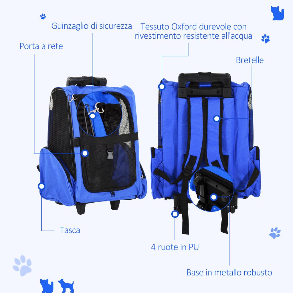 2-in-1 Pet Carrier Backpack for Dogs and Cats with Side Pockets, Telescopic Handle and Wheels, 42x25x55cm, Blue