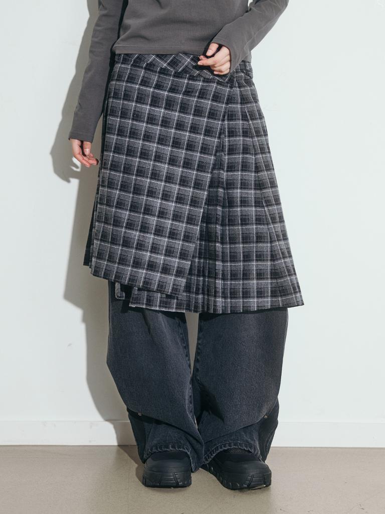 Opish Layered Check Pleats Wrap Skirt, Black