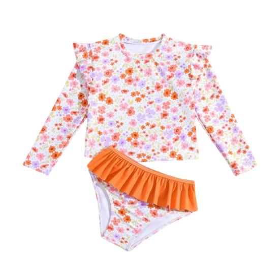 Jenter Solbeskyttende Badedraktsett Todelt Rash Guard Langermet Badebukse Tankini med Bikinibunn Blomstertrykk Barn Strandklær