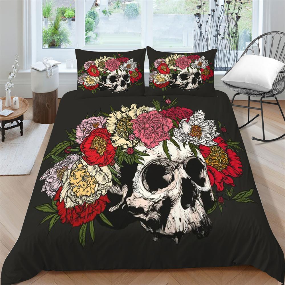 2/3dílná sada ložního prádla Sada prodyšných přikrývek Sada povlaků na přikrývku 3D Skull Design z mikrovlákna Pohodlná přikrývka na postel