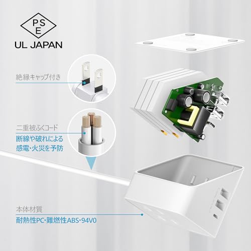 LETMY Power Strip USB Extension Cord, 1.5m, 4 AC Outlets, 3 USB Ports, Branching Outlet, Table Tap, Fast Charging, 1500W, Overload Protection, Compact
