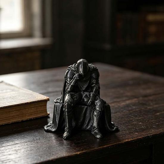 Medieval Knight Statue 3D Printed Statue, Meditating Figurine with Armor Cloak, Meditative Warrior Vintage Gothic Desktop Art Ornament for Bookshelf
