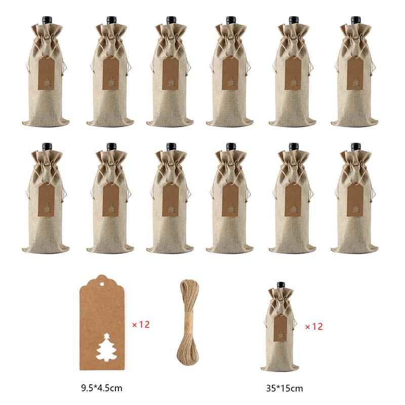 12Pcs Linen Drawstring Wine Bottle Covers With Tags and Linen Rope Dustproof Red Wine Packaging Bag Xmas Christmas Party Decor