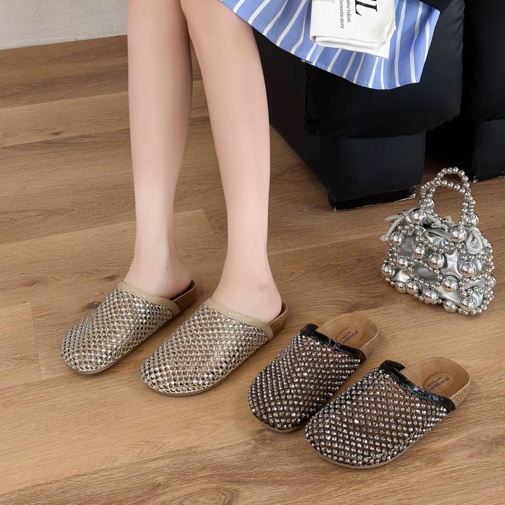 2025 summer rhinestones full diamonds fishing net baotou big head baotou half slippers sandals toboken shoes flat women's shoes