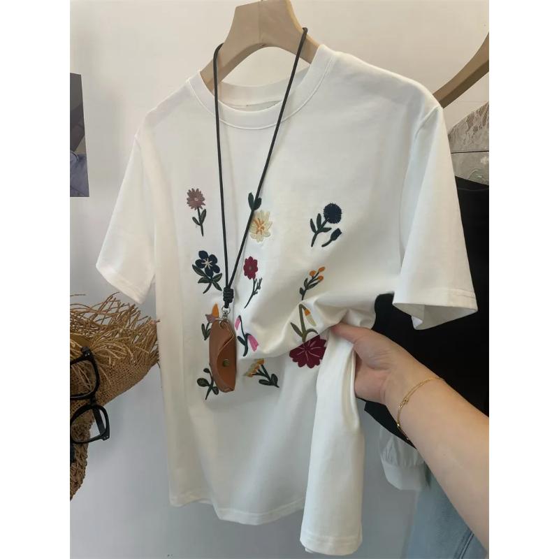 Women Summer Floral Embroidery Short Sleeve T Shirt