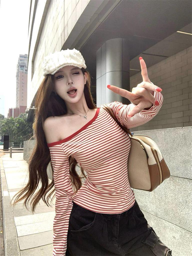 Koreański Jednoramienny Pasiasty Długi Rękaw Dopasowany Codzienny Damski Top