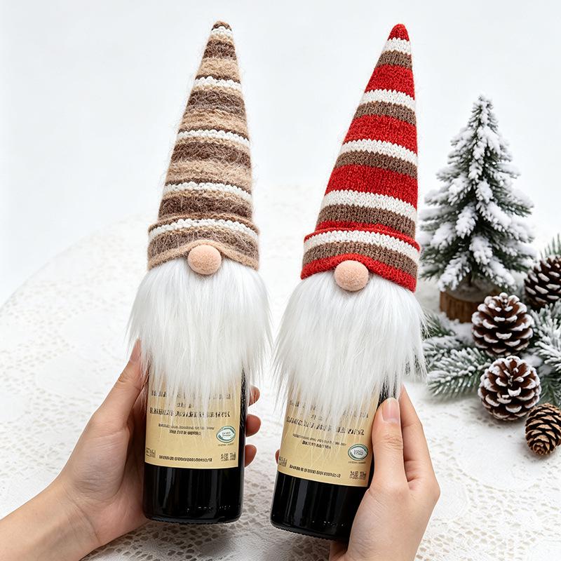 Festive Faceless Old Man Knitted Wine Bottle Covers - Christmas Table Decor