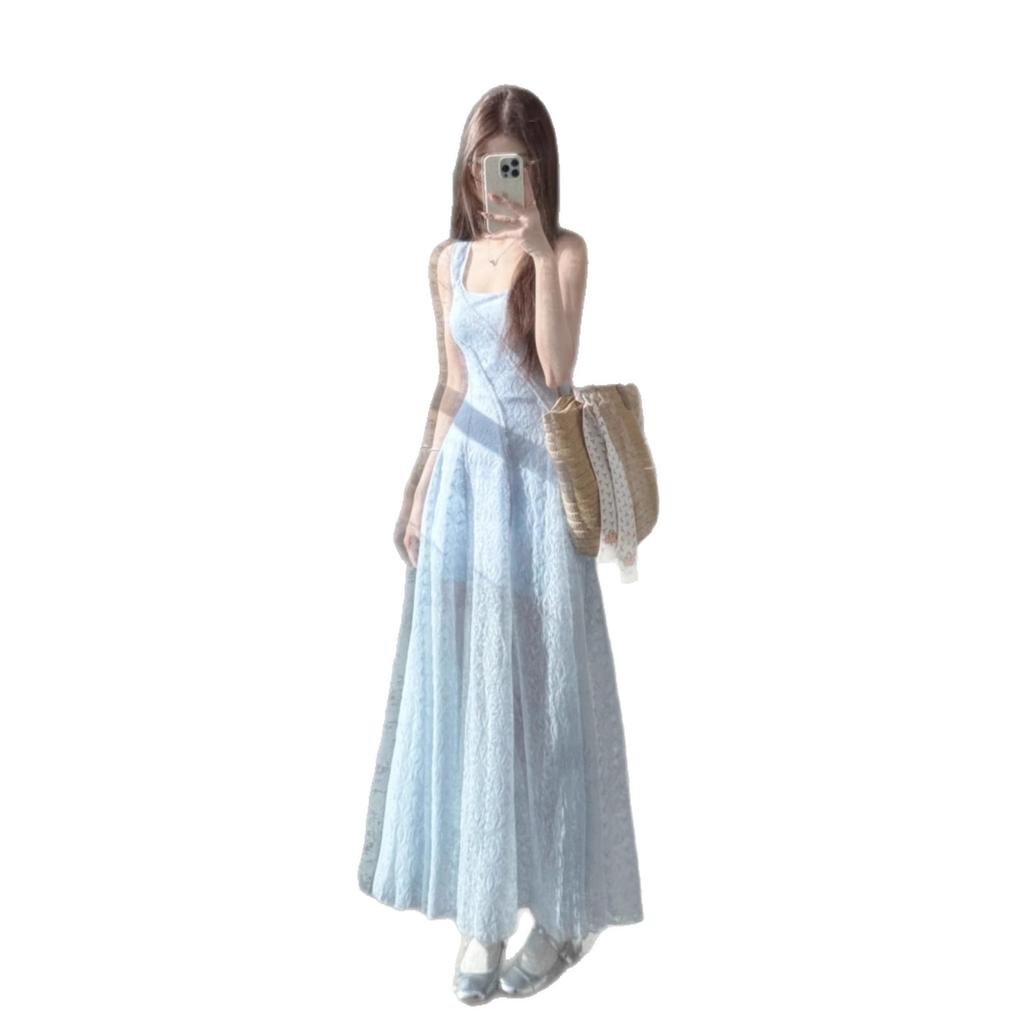 French Blue Square Neck Suspender Dress Women's Summer Vacation Dress Slim Waist Skirt Gentle Wind Fluffy Long Dress