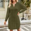 BITCED Autumn/Winter Twisted-Knit Mid-Length Knitted Dress Solid-Colour Slit-Hem Loose-Fit Pullover Women's Wool Dress