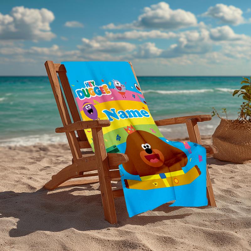 Custom Name Ultra-Soft Beach Towel with Hey Duggee Theme,Ideal for Pool - Camping, Diving - Perfect Travel Essential, Vibrant Beach Towel.