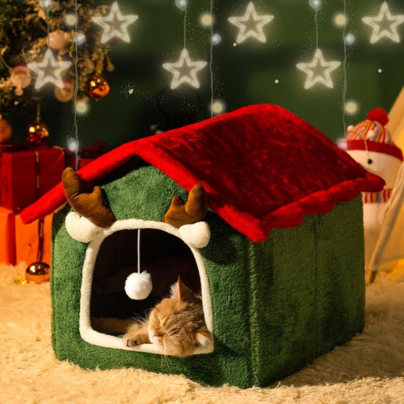 Weihnachts-Katzennest Haustier Warm Weich Plüsch Multifunktionale Hundebett Verdickt Geschlossen Abnehmbar Katze Hund Haus Kätzchen Plüsch Zelt 3,5 kg