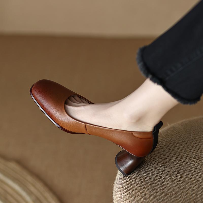 Fashion 2024 New Spring Women Shoes Sheepskin Leather Shoes Women Pumps Square Toe Chunky Heel  Women High Heels Retro