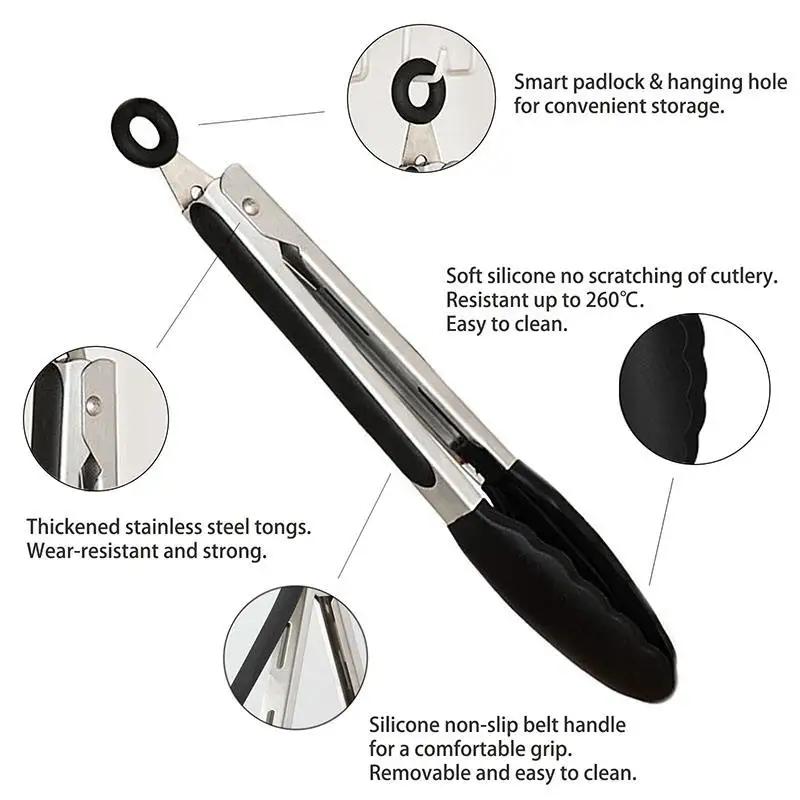 1 Pc Black Silicone Food Tongs, Stainless Steel Food Tongs Outdoor BBQ Clamps for Camping Kitchen Tongs for Baking Steak