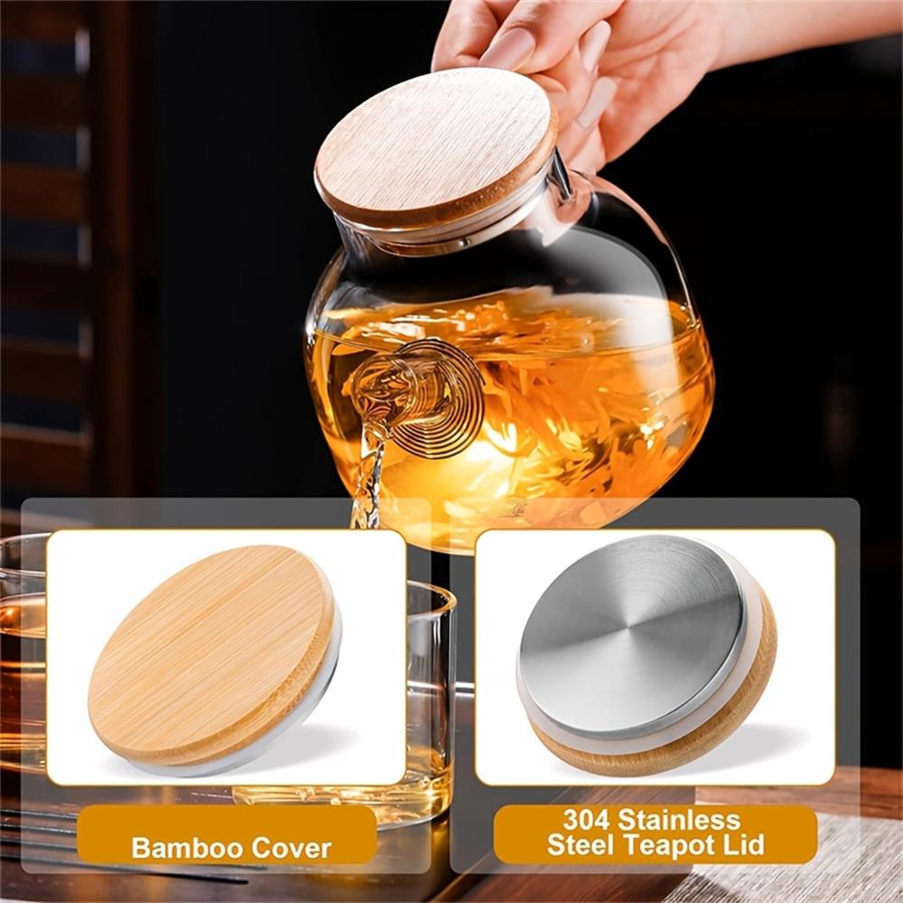 Jarra de Vidrio de Borosilicato Alta para Agua Fría Resistente al Calor 1000ml/1800ml Gran Capacidad Jarra para Té de Frutas con Tapa de Bambú Tetera Transparente