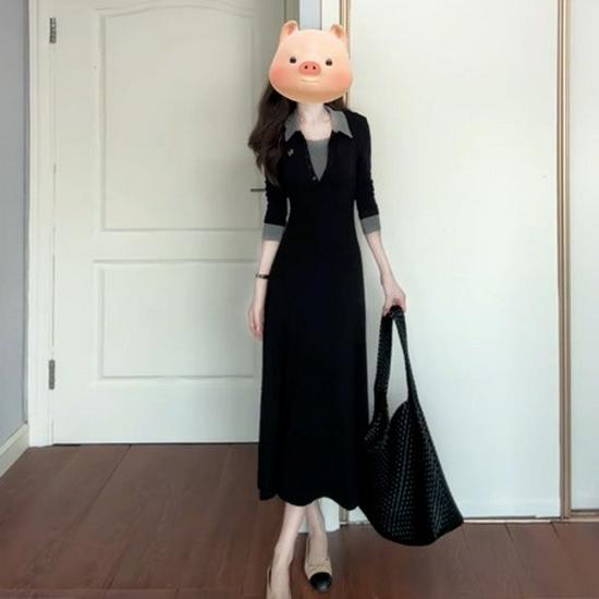 

French Plus Size V-neck Polo Dress for Women 2025 – Slimming Waist, Long Dress for Spring/Autumn L