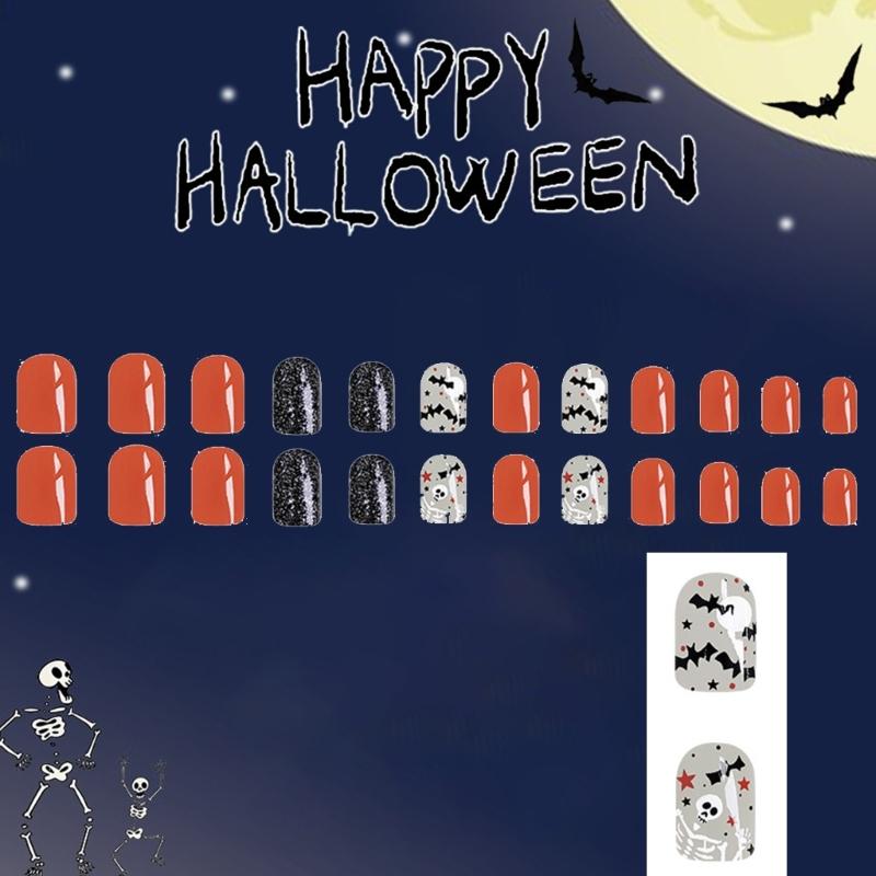 Plastik-Falschnagel-Aufkleber mit Halloween-Fledermaus-Schädel-Stern-Geister-Mustern Einfache Anwendung Künstliche Nagelaufkleber 24 Stück