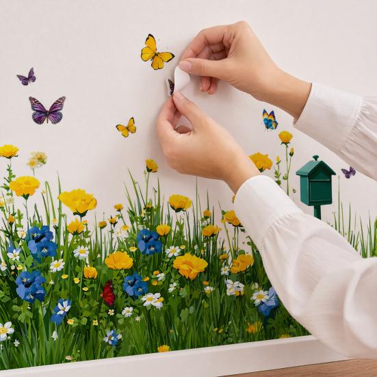 Self-Adhesive Wall Stickers Green Grass Wall Corner Stickers Flowers Butterflies Baseboard Skirting Line