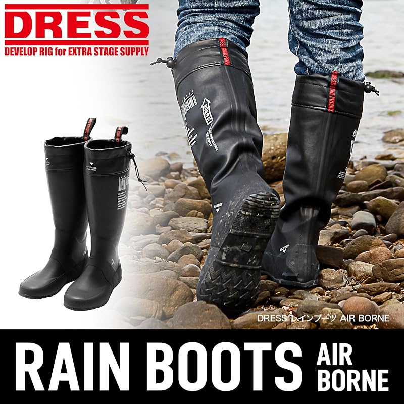 Dress Airborne Rain Boots [Size 26cm] Black, Fishing Boots, Wading Boots, Marine Boots, Fully Waterproof, Water-Repellent, Non-Slip, for Mountain