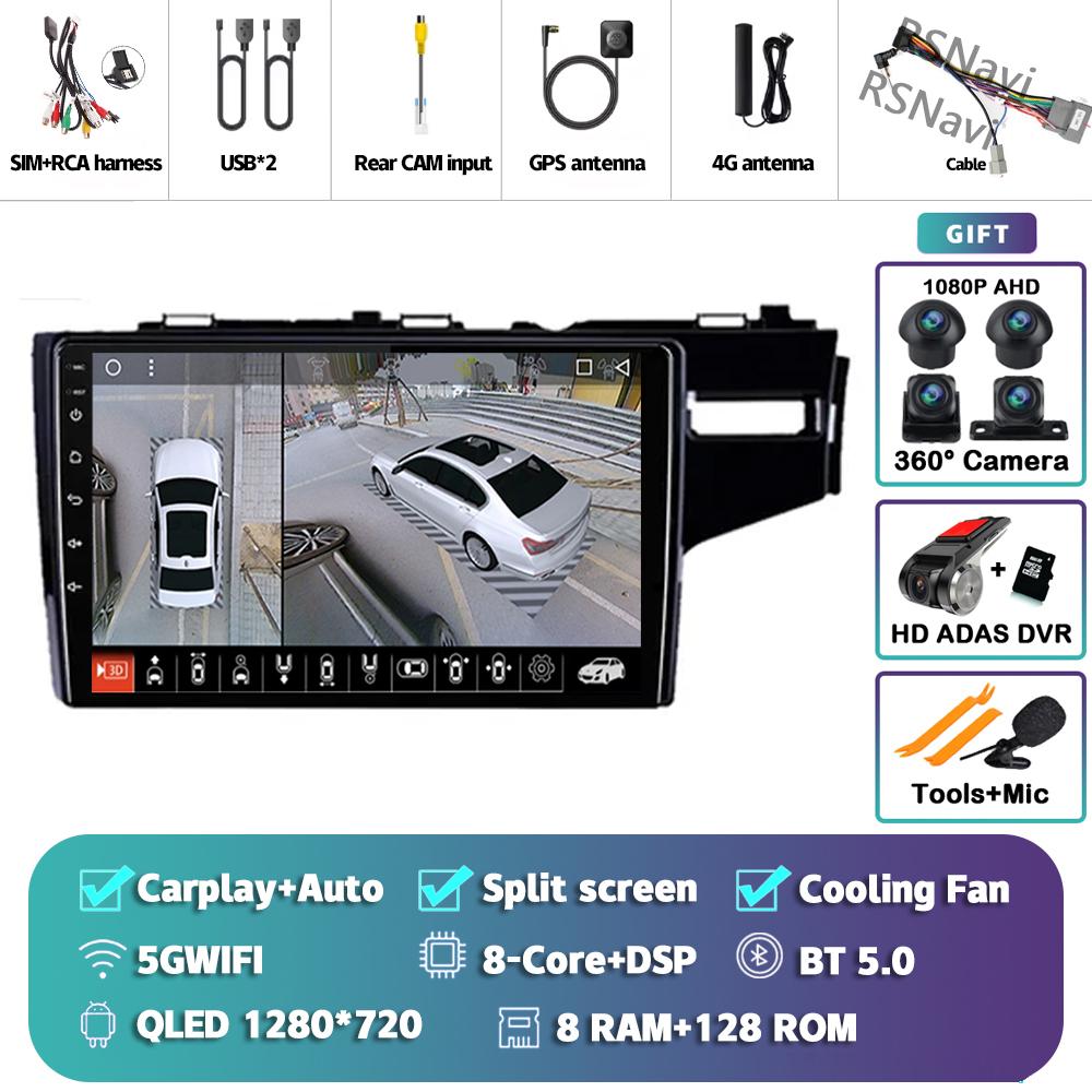 Android 14 Carplay Auto For Honda Jazz Fit 2014 - 2015 Car Radio Player Multimedia Stereo 360 Camera Navigation Video AI Voice