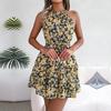 Frühling Sommer Neckholder Krawatte Offenes Rückenfreies Blumen Langes Kleid Unregelmäßige Urlaubskleider S-XL