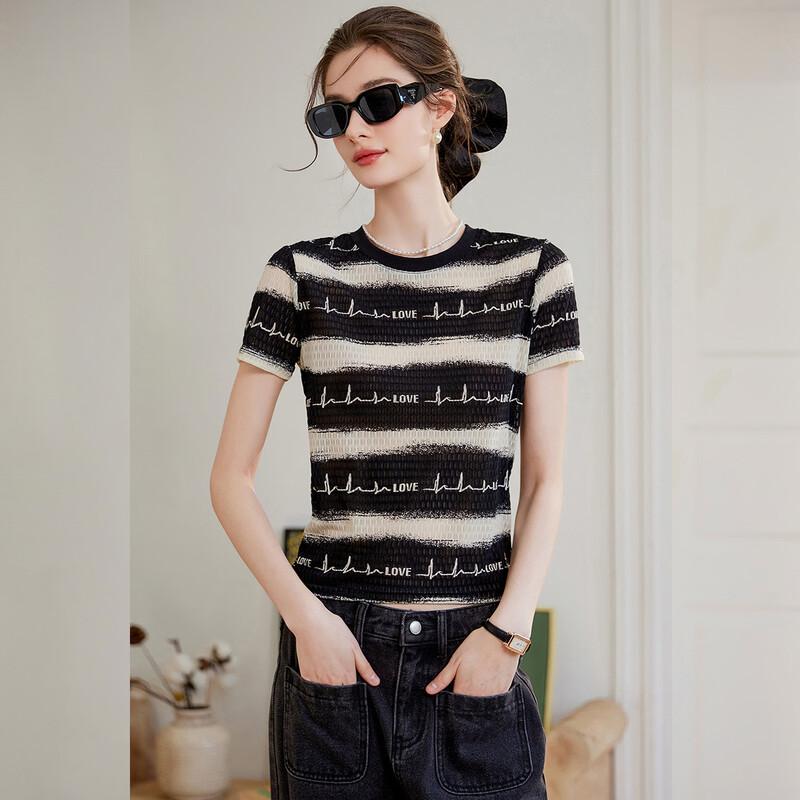Women's Striped Round Neck Short Sleeve T-shirt