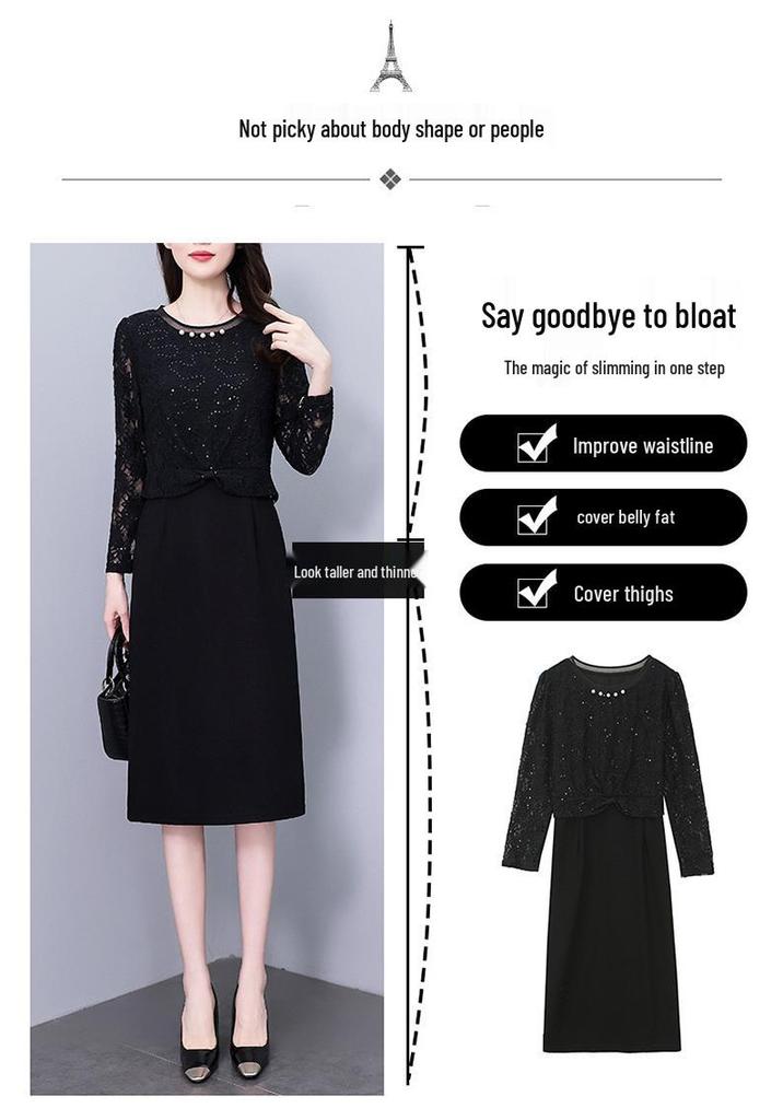 Plus Size Black Sequin Lace Two-Piece Long Sleeve Dress for Women – Slimming Spring/Autumn Style