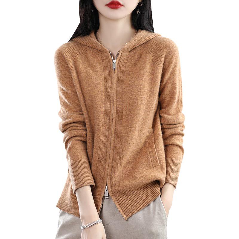 Women's Hooded Zipper Knit Cardigan - Long Sleeve, Versatile, Loose Fit, New for Spring & Autumn 2024 Fashion
