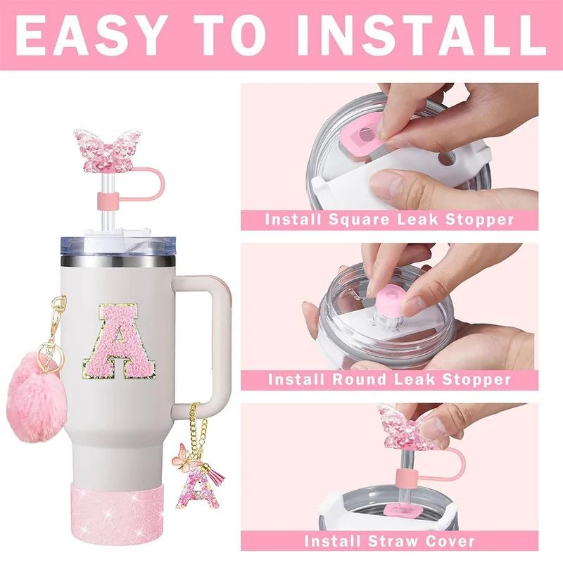 8 Pezzi Accessori per Tazza per Stanley Cup 30oz 40oz Include Coperchio Tappo Cannuccia a Farfalla Piedino in Silicone Maniglia Ciondolo Adesivo con Iniziali