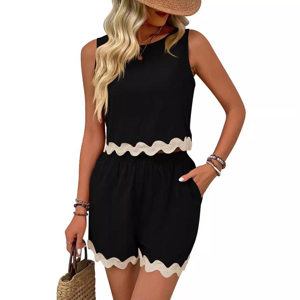 Women's Sleeveless Romper Shorts Set with Wave Hem in 6 Colors