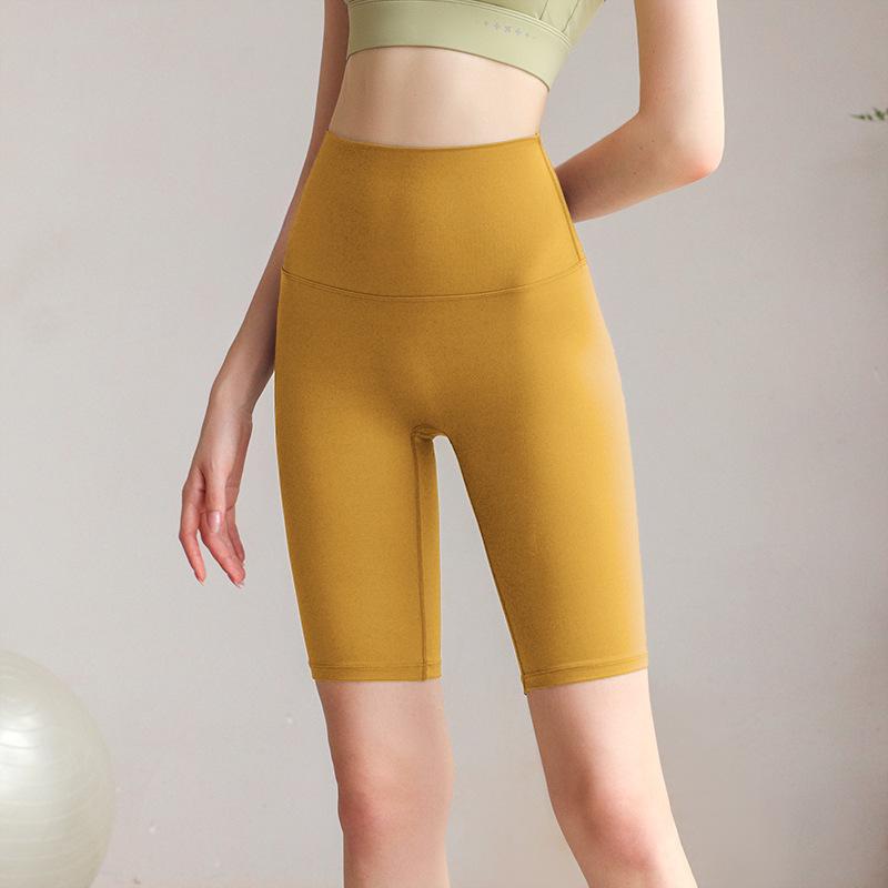 Sports shorts 2025 double-sided brocade nude fitness medium pants high waist slim peach hip sports five-point tight yoga pants women