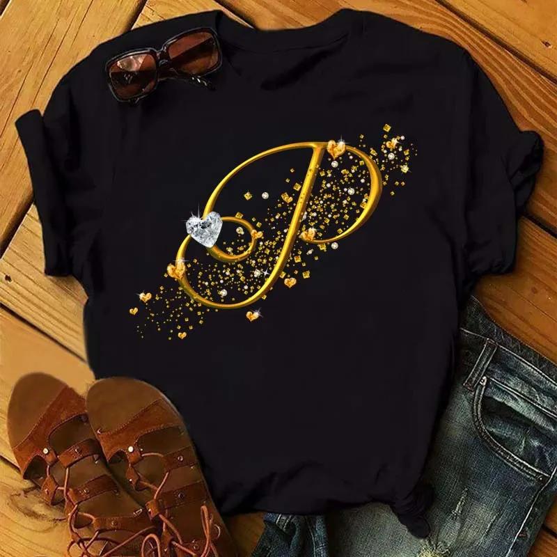 Custom Name Letter Combination Fashion Women T-shirt Diamond Gold Letter Font Short Sleeve Tops Black T-shirt
