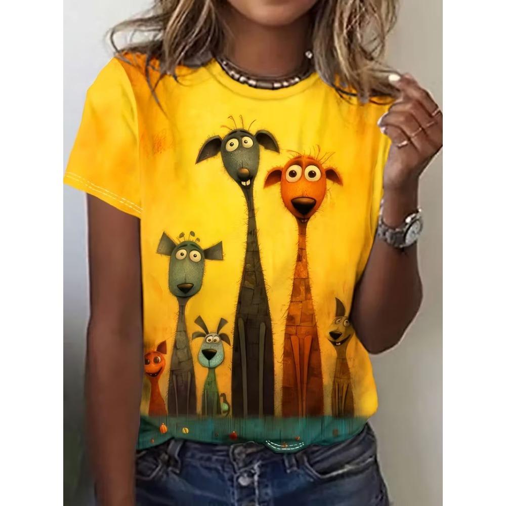 New Women's Kawaii Animal Pattern Printed T-shirt Casual Short-sleeved Round Neck T-shirt Cat Goat Anime Tops Clothing