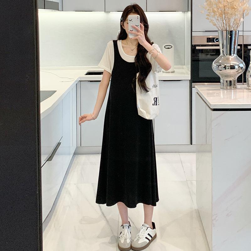 2026 Stylish Summer Maternity Dress - Concealing Pregnancy, New Fake Two-Piece Design Large