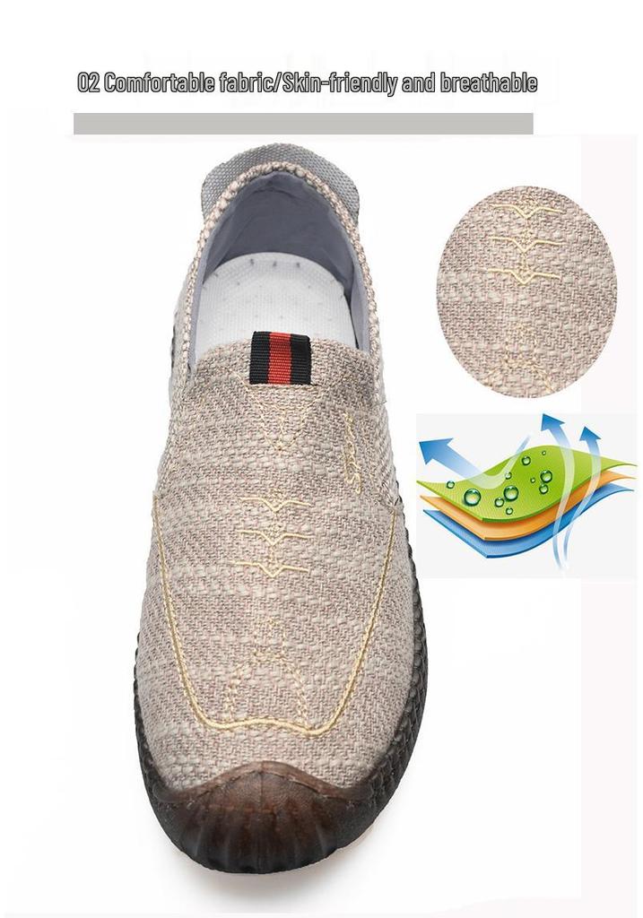 Men's Breathable Canvas Slip-On Shoes, Soft Cowhide Sole, Linen Low-Top Moccasins for Driving and Casual Wear