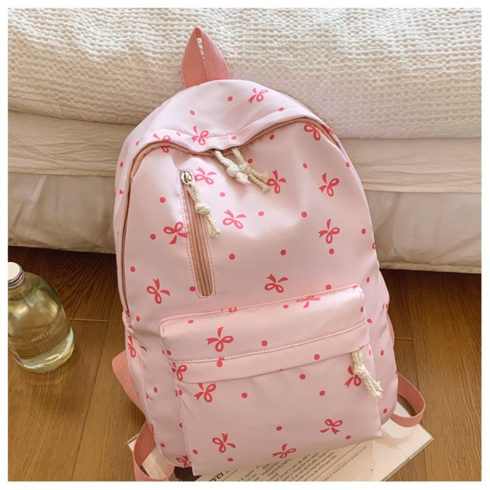Cute Multi-Pocket Bow Print Backpack Adjustable Straps Nylon School Bags Large Capacity Students Backpack Daily Use