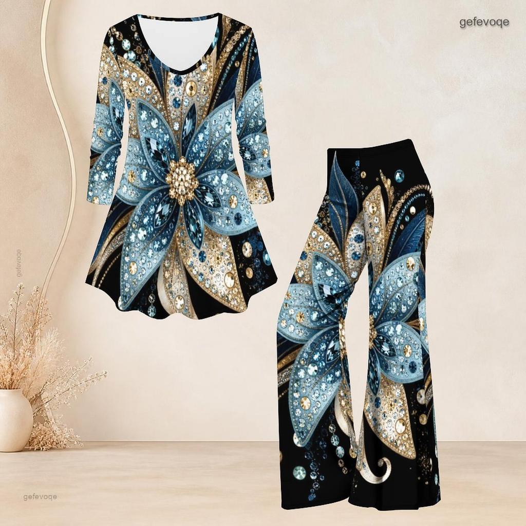Women Plus Size Black Printed V Neck Three Quarter Sleeve Flared Top And Flared Pants Two Piece Set