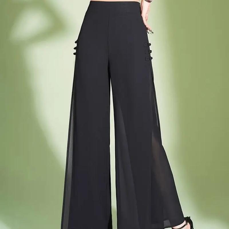 Chiffon Wide-leg Women Summer Thin High Waist Loose Tall Trousers Folded Chinese Style Pants Slit Straight Pants