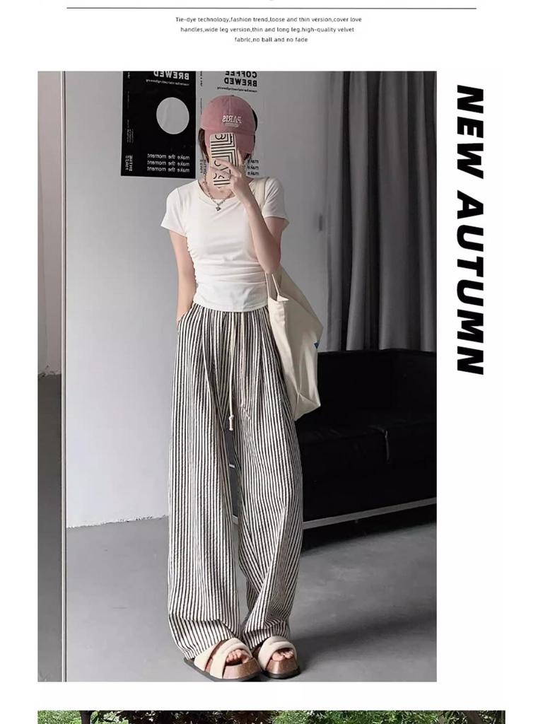 Women's High-Waisted Striped Wide-Leg Summer Pants - Petite, Loose, Slimming, Casual, Drapey.