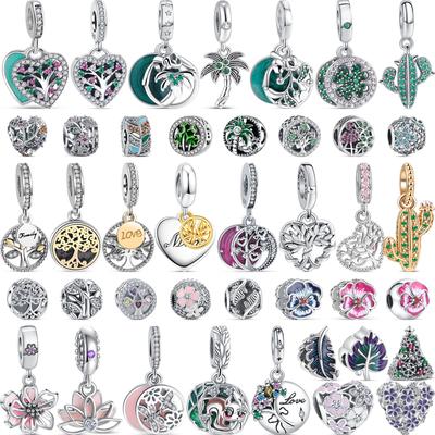 S925 Sterling Silver Green Family Tree Purple Leaves Pink Flowers Pendant Beads Fit Original  Charms Bracelet Fine Jewelry